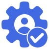 Blue gear with person icon and checkmark.